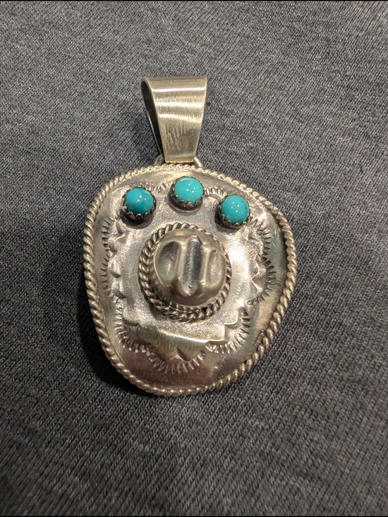 Native American Jewelry - Sterling Silver Turquoise Western Hat Pendant Necklace - Artist Bobby Platero
